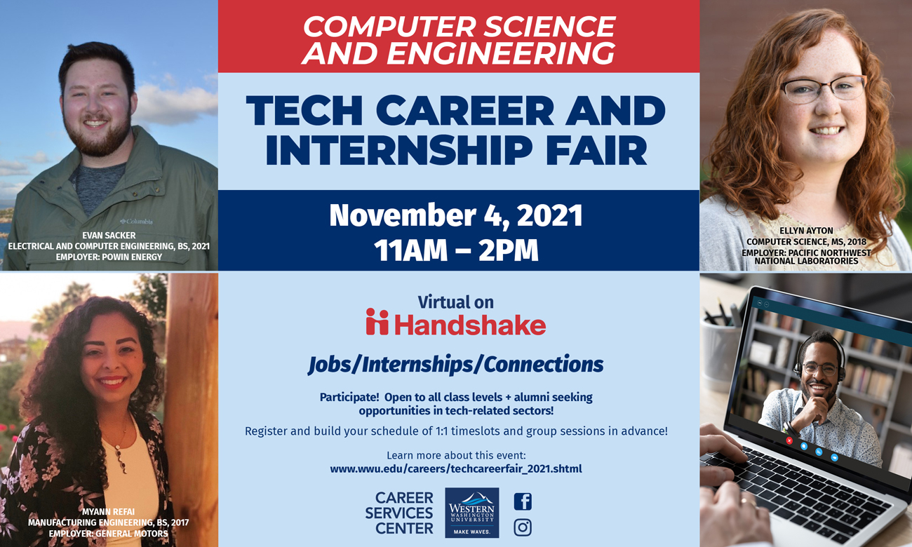 Tech Career and Internship Fair poster with alumni headshots in corners